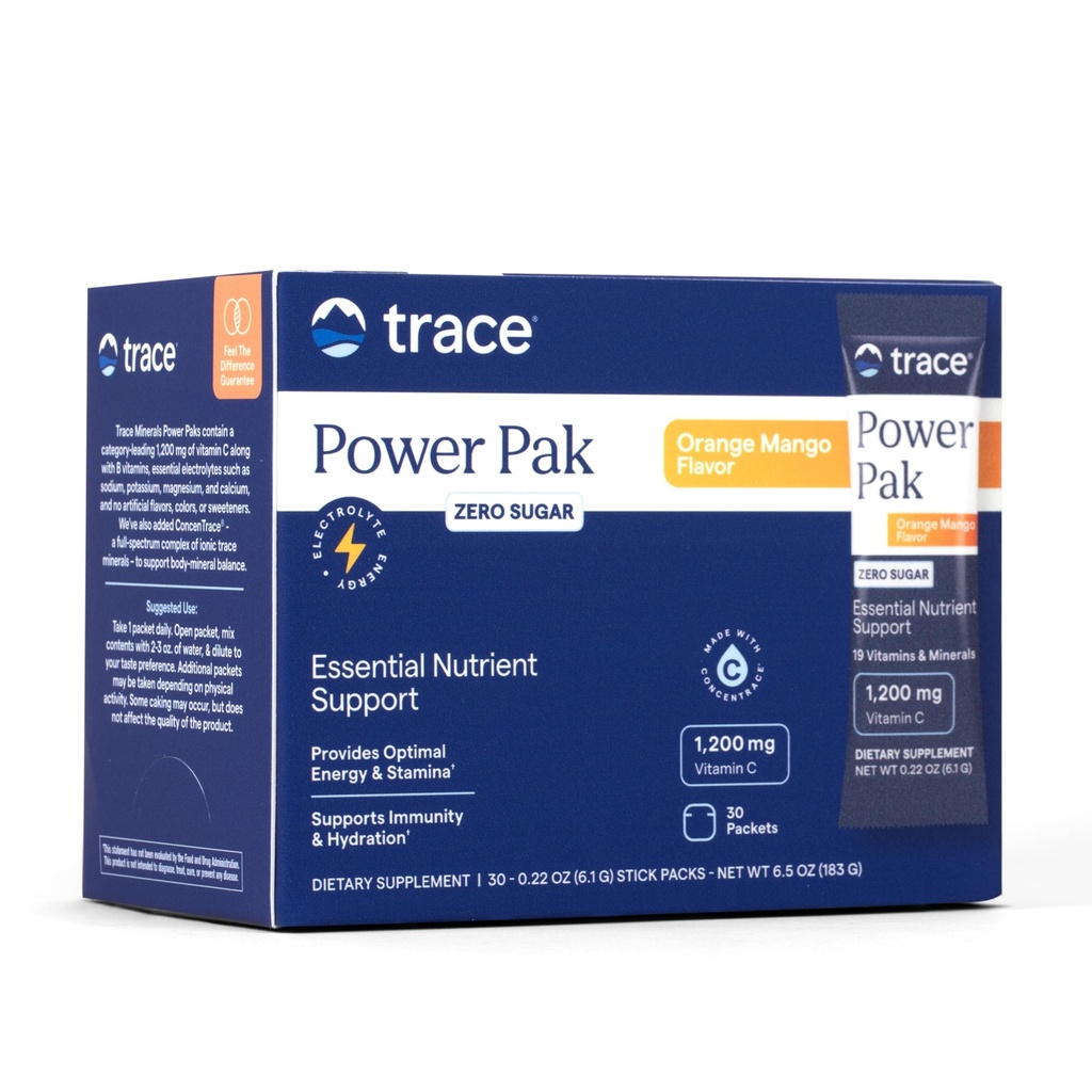 Trace Minerals Power Pak Multivitamin and Multimineral Packets - Electrolyte Support - 1200 mg Vitamin C plus 70+ Trace Minerals - Sugar Free - Orange Mango Flavor - 30 Packets