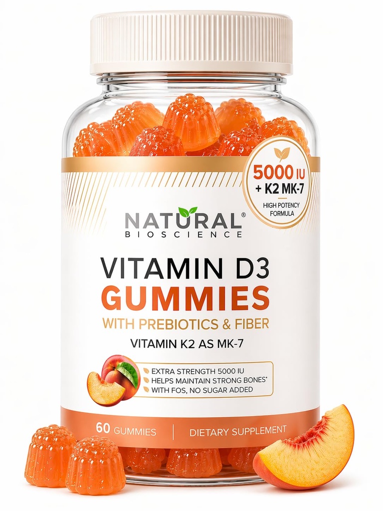 Sugar Free Vitamin D3 K2 Gummies 5000 IU + K2 MK7 80 mcg – Vitamin D Gummies for Adults with Prebiotics & Fiber – Supports Bones, Immune Health, Heart Health & Mood – Gluten Free, Natural Peach Flavor