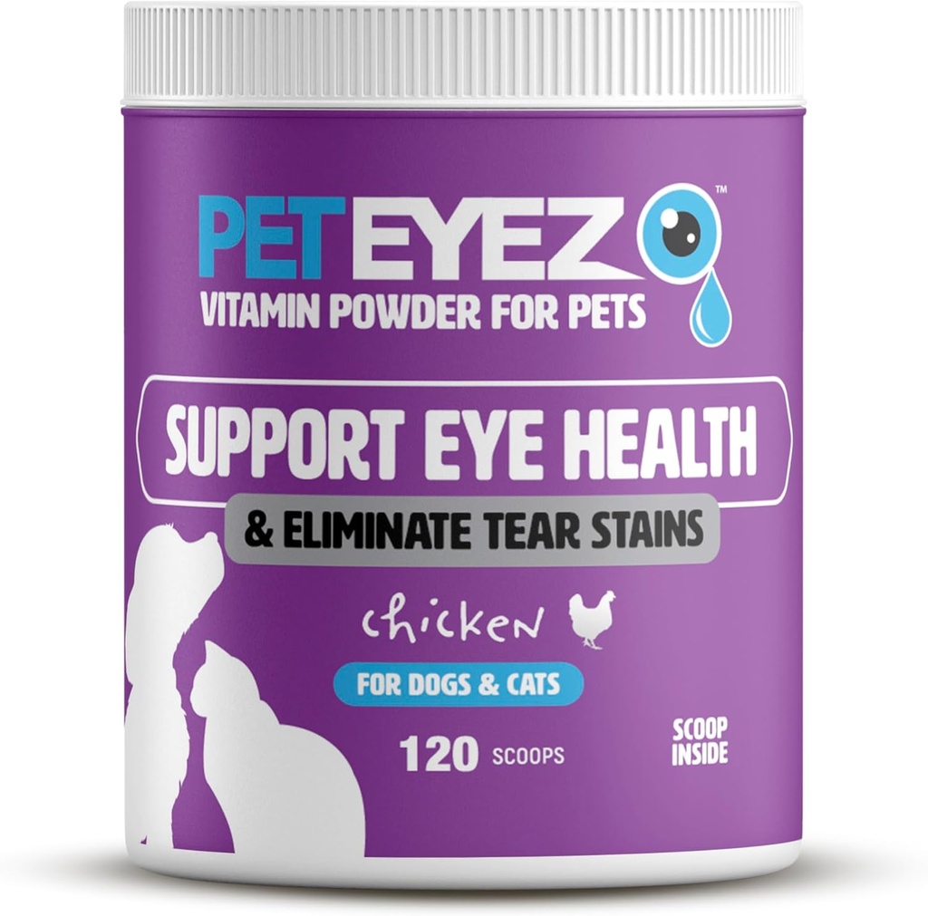 Pet Eyez vitamín prášok pre domáce zvieratá - podporuje očné zdravie a znižuje Tear Stain Buildup - 100% Natural Food Topper pre psy a mačky s Superfoods, Antioxidanty a živiny - kuracie príchuť - 120 Scoops