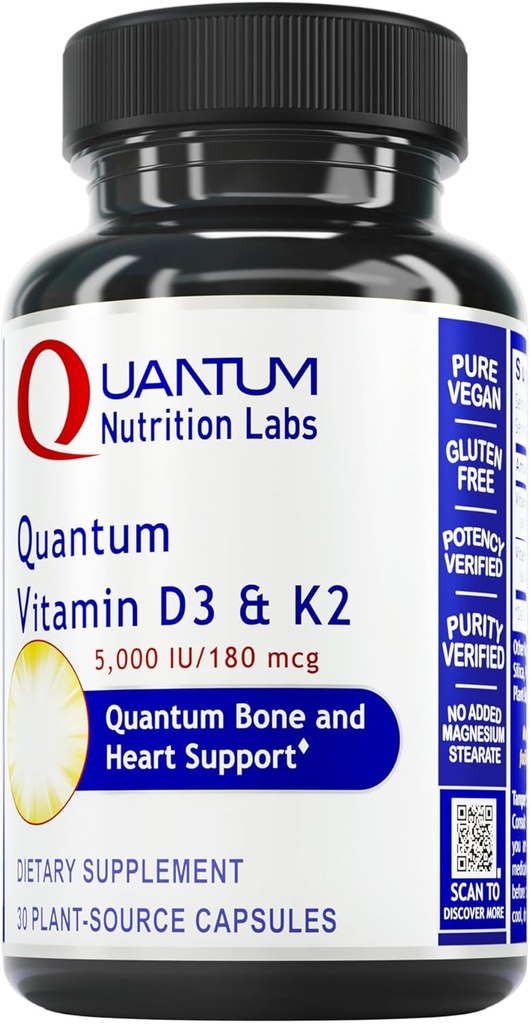 Quantum Nutrition Labs Vitamin D3 e K2 Supplemento - Bone & Heart Health Support for Women & Men, 5000 IU, Vitamine Vegane, Consente l'assorbimento del calcio, senza glutine - 30 capsule vegetali
