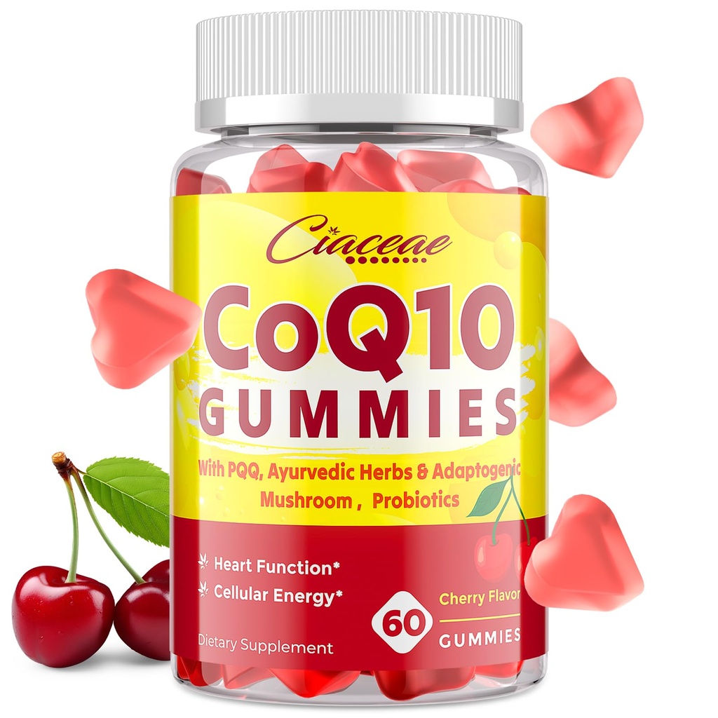 CoQ10 Gummies with PQQ - 400 MG Coenzyme Q10 High Potency, Enhanced with Ayurvedic Herbs, Adaptogenic Mushroom Blend & Probiotics for Heart, Brain, Energy, Immunity, Cherry Flavor, 60 Vegan Gummies
