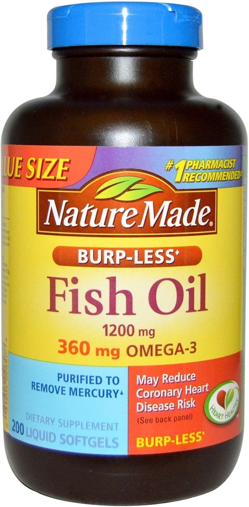 הטבע עשה Burp-Less Fish Oil 1200mg, 360 מ"ג אומגה 3, Softgels נוזלי 200 ea (Pack של 2)