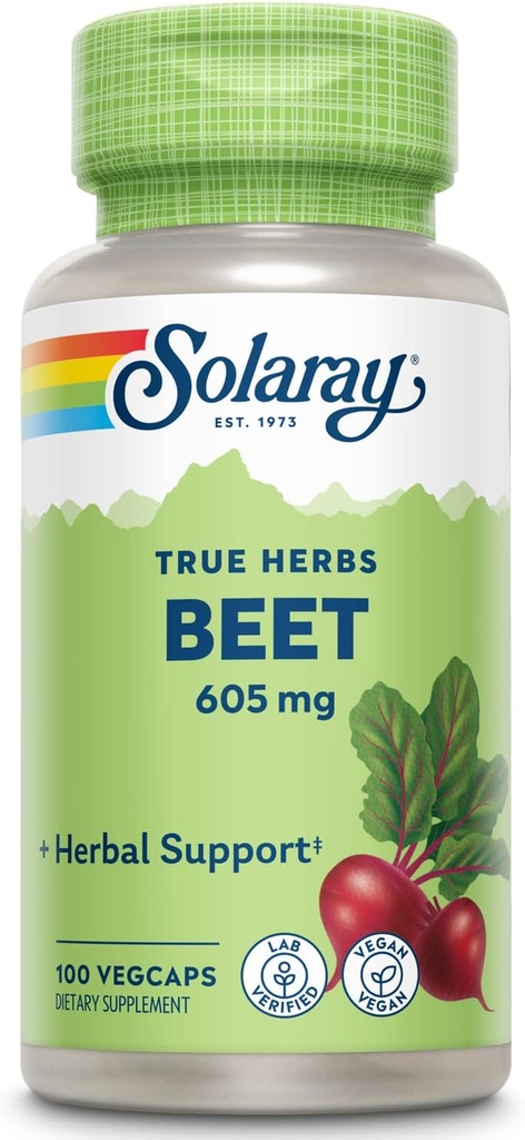 SOLARAY Beet Root 605mg | Osasun kardiobaskularra eta Athletic errendimendua, Kidney, Liver eta Blood Health | Non-GMO | Vegan | 100 VegCaps