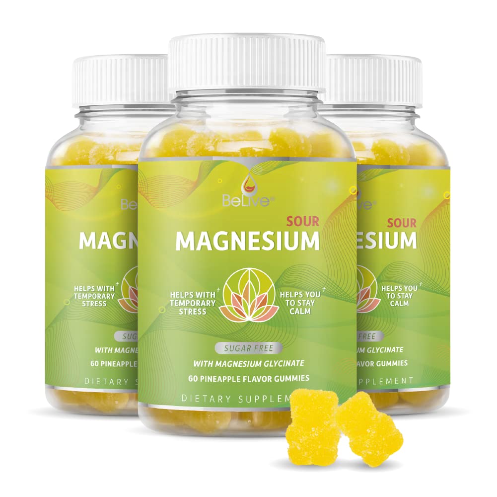 BeLive Magnesium Glycinate Gummies 200 mg - Sugar Free Supplement for Muscle Relaxation, Sleep Support, & Heart Health for Adults & Kids - Pineapple Flavor - 3 Pack, 180 Count