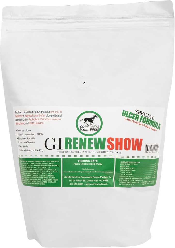 Pennwoods GI Renew Show, Probiotics for Equine, Immune and Appetite Stimulation, Prebiotics, Digestive Enzymes | Horse Supplement Providing Ulcer Relief and Treatment, Organic Toxin Binder, 6 LB Bag