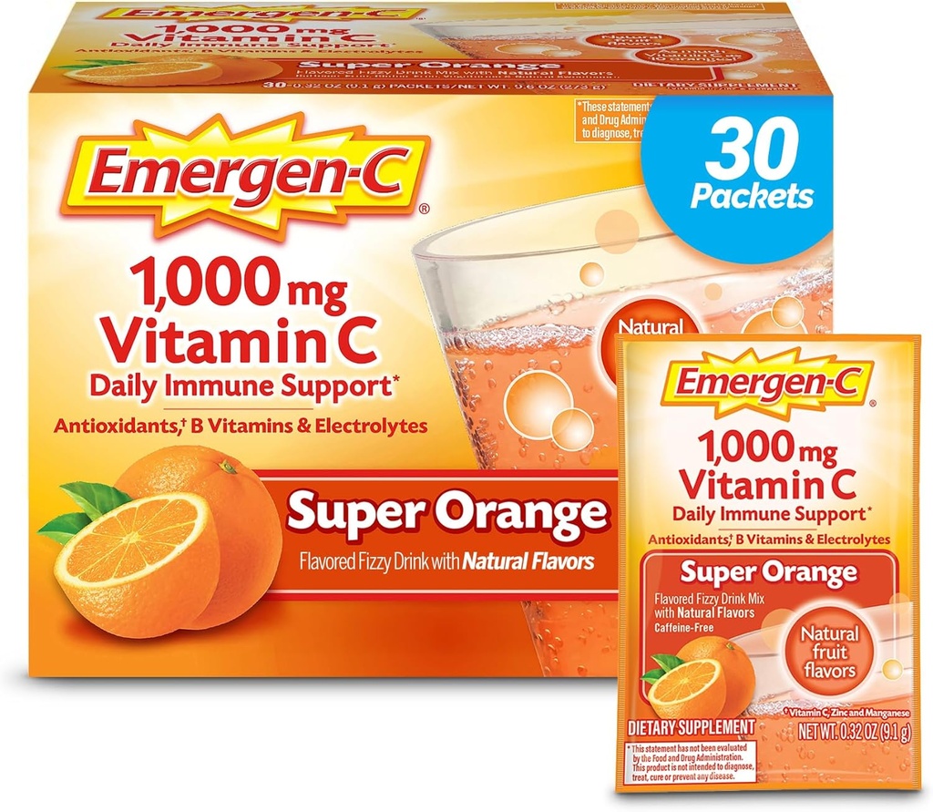 Emergen-C 1000mg Powder cho Daily Immunune hỗ trợ Caffeine free Cppics với Zic và Manganese, Bcys và electronlytes, Super Orange Flavor - 30 Count