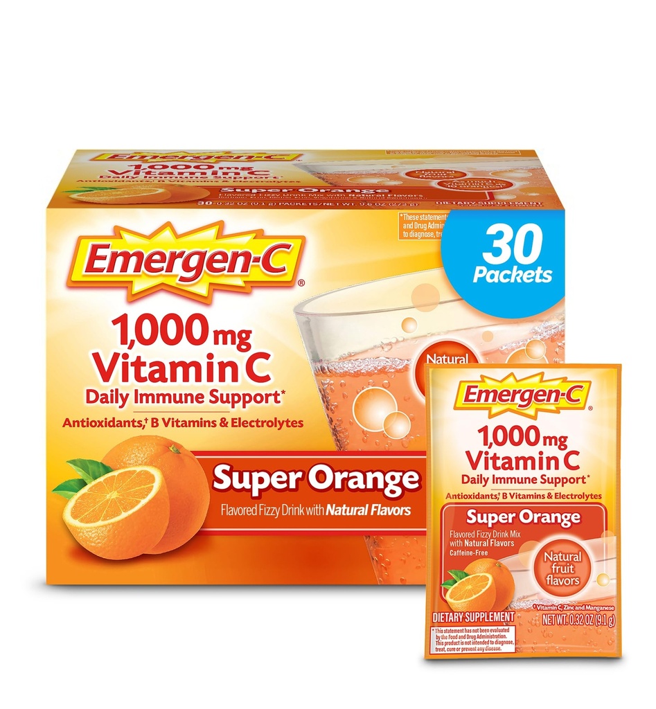Emergen-C 1000mg Vitamin C Powder for Daily Immune Support Caffeine Free Vitamin C Supplements with Zinc and Manganese, B Vitamins and Electrolytes, Super Orange Flavor - 30 Count