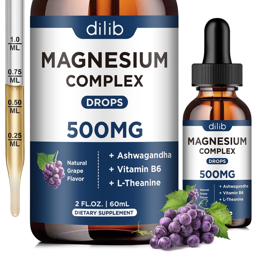 Magnesium Glycinate Liquid Drops, Magnesium Glycinate Supplement 500mg with Citrate, Malate, Ashwagandha, L-Theanine, Vitamin B6 for Sleep, Stress Relief, Bone, Muscle, Mood, Grape Flavor 2 Fl Oz