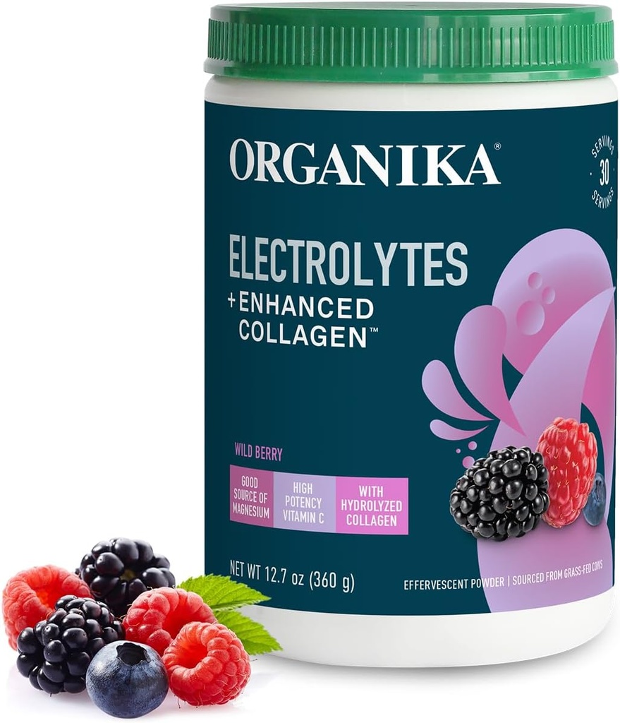 Organikа Electrolytes with Enhanced Collagen Powder for Women ' Men - 13 oz - Wild Berry-Flavored Effervescent Electrolyte " Collagen Drink Mix - Deep Hydration, Mobility, Skin, Hair, " Nails