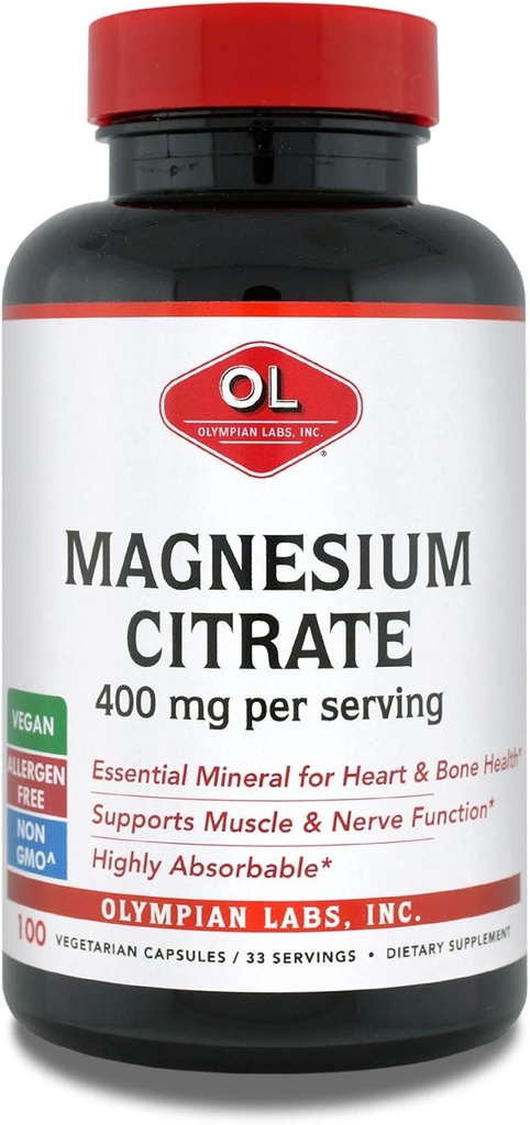 Olympian Labs Magnesium Citrate, 400mg 33 Μερίδες, Υποστήριξη Υγιούς Νευρικού Συστήματος, Μυς & Οστά, 100 Κάψουλες