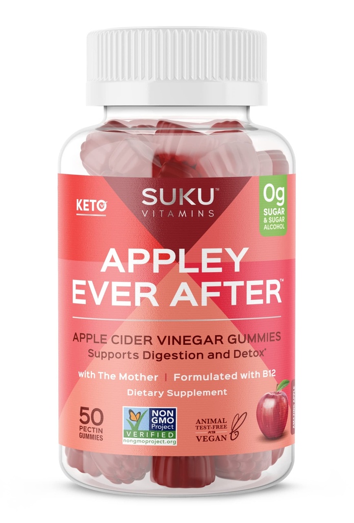 SUKU Appley Ever After Gummies – Apple Cider Vinegar with Methylated B12 & Folate – Sugar-Free, Gluten-Free, Vegan Detox & Energy Support – Amazing Apple Flavor – 50 Count