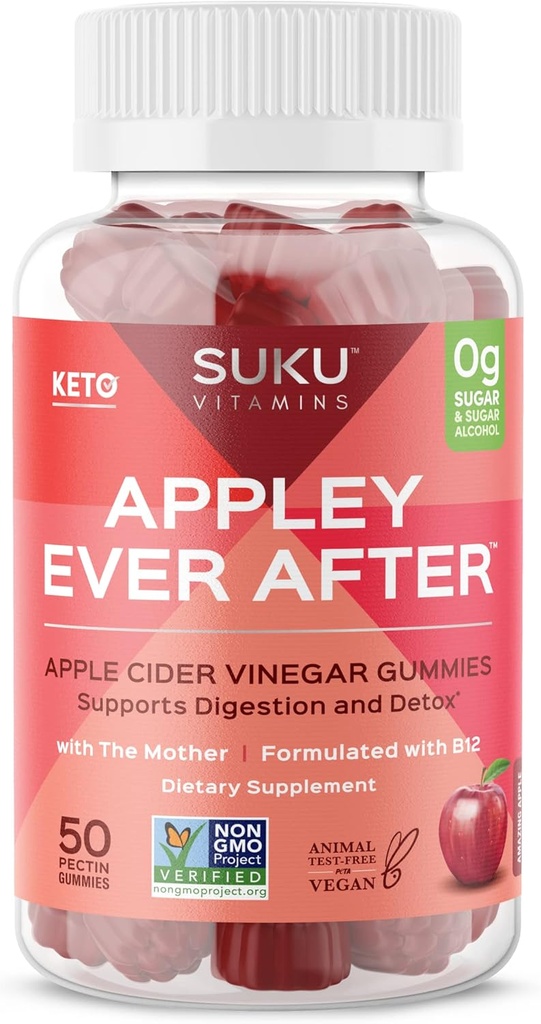 SUKU Appley Ever After Gummies - Apple Cider Vinegar Methylated B12 & Folate - Sugar-Free, Gluten-Free, Vegan Detox & Energy Support - Amazing Apple Flavor - 50 Count
