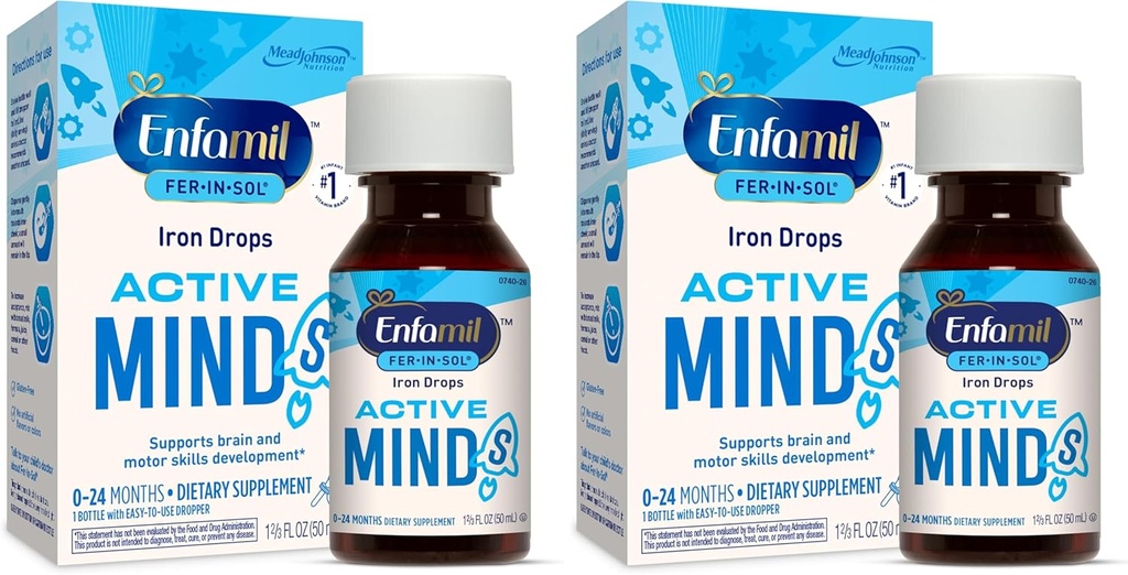 Enfamil Fer-in-Sol Iron Supplement Drops for Infants & Toddlers, Supports Brain Development, 50 mL Dropper botila (2ko paketea)