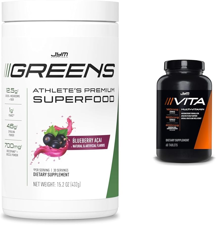 JYM Greens Super Food Blueberry Acai Toz ilə Spirulina və Vita JYM Atletivlər üçün Multivitamin 60 Tablet