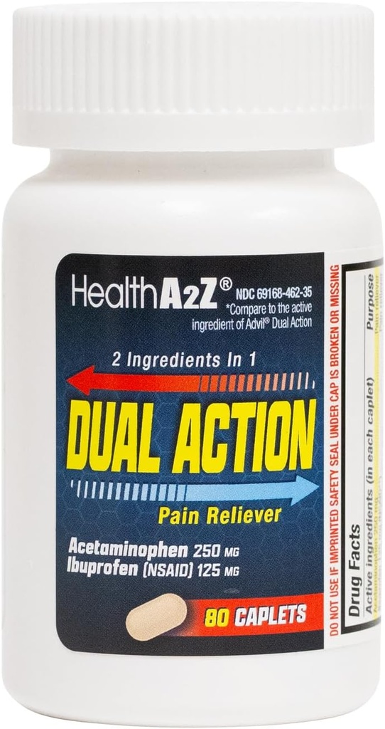 HealthA2Z® Dual Action Ağrı Yardımı / Acetaminophen 250mg & Ibuprofen 125mg (NSAID) | Baş ağrısı, Fever & Backache Yardımı üçün iki tibbi / Ağrı Reliever & Fever Distribution