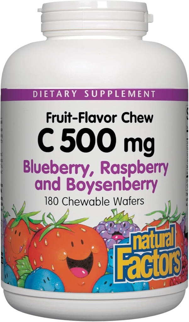Faktore naturalak, Haurrak C 500 mg bitamina, Osasun Inmunoa, Hezurrak, Hortzak eta Gums, Blueberry, Raspberry eta Boysenberry, 180.