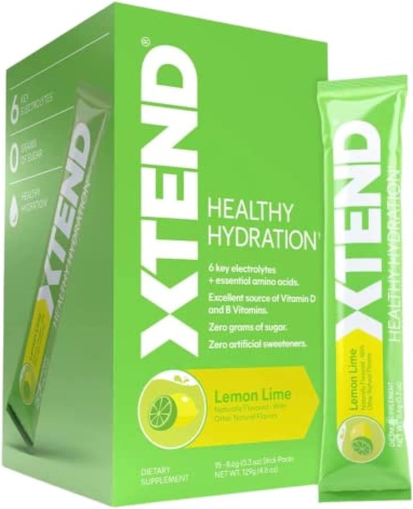 Xtend XTEND Healthy Hydration Lemon Lime | Zero Sugar Superior Hydration Powder Packets | 6 Key Electrolytes Drink Mix | Essential Amino Acids | NSF Certified for Sport | 15 Sticks