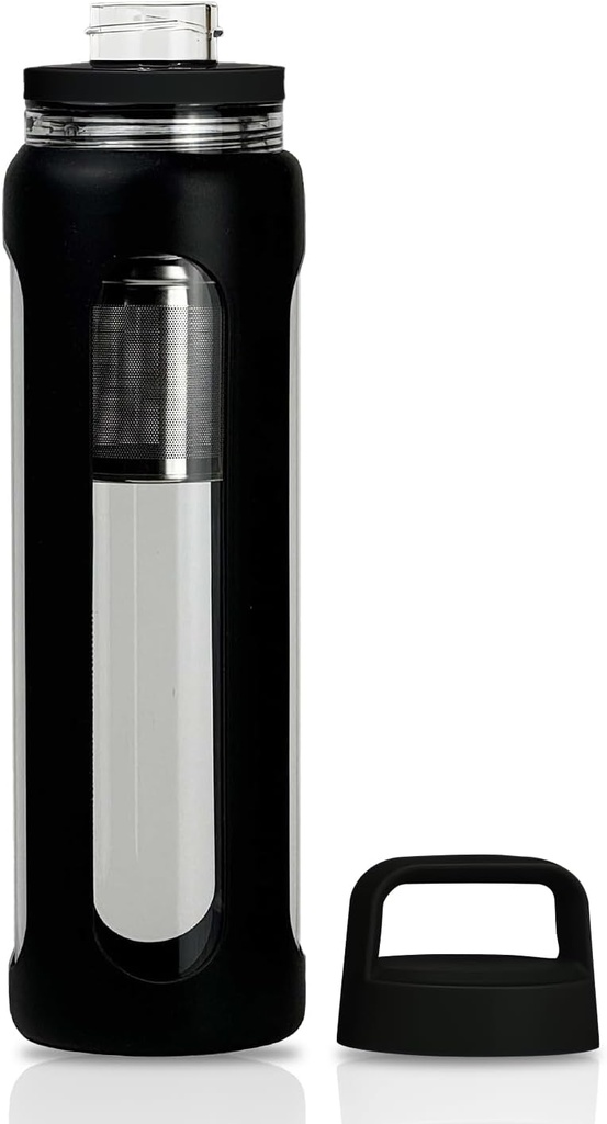 20oz Glas Wasserflasche mit Silikonhülle, 600ml Becher mit 2 Tier Lid (Wide Mouth und Small Mouth Straight Drink) mit Tee-Leak-Flasche - Gym Yoga Outdoor-Aktivitäten (schwarz)