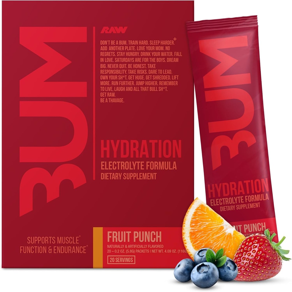 RAW Electrolytes Mill Hydration Drink Mix Packets, BUM Hydrate (Vaisių punch, 20 Servings) - Electrolyte Hydration Packets Palaiko raumenų funkciją & Endurance - Keto Free Electrolytes Mill Packets