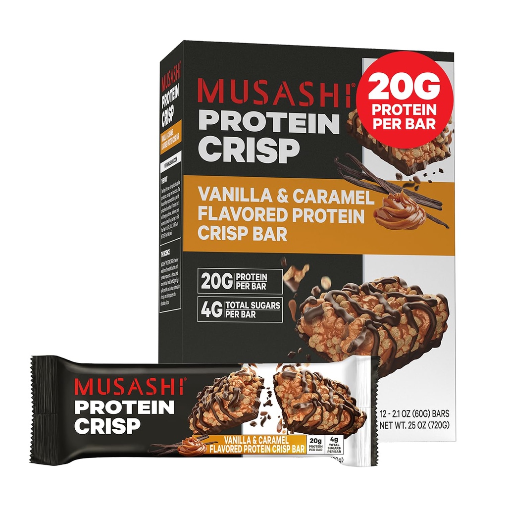 MUSASHI Protein Crisp Bar, 20g Protein, 4g Total Sugars, Vanilla & Caramel, Post Workout and Snack On Go, 12 Paket 2.1oz (60g) Bars