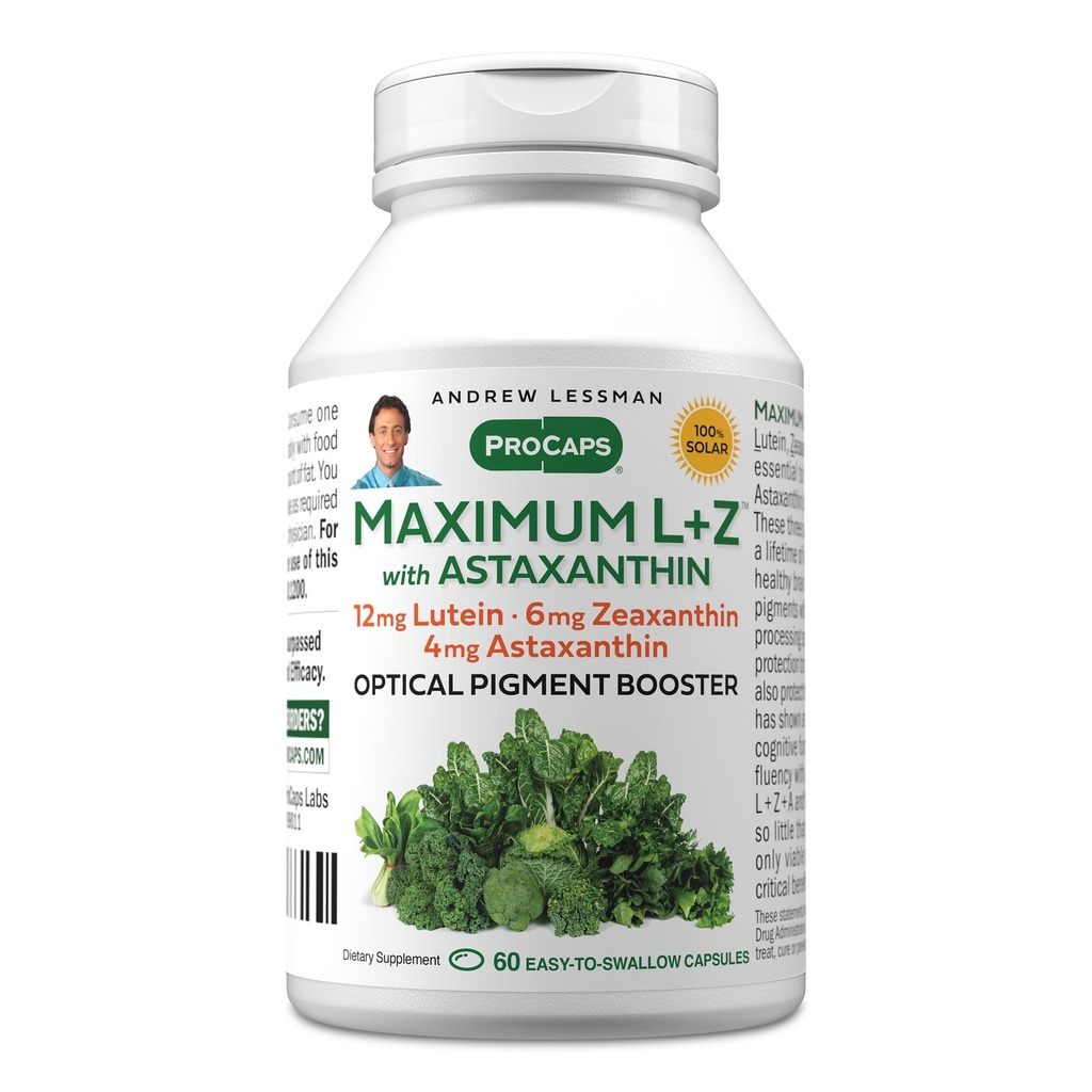 ANDREW LESSMAN Maximum L+Z with Astaxanthin 60 Softgels - 12mg Lutein, 6mg Zeaxanthin, 4mg Astaxanthin. Key Nutrients to Support Eye and Brain Health, and Promote Healthy Vision.