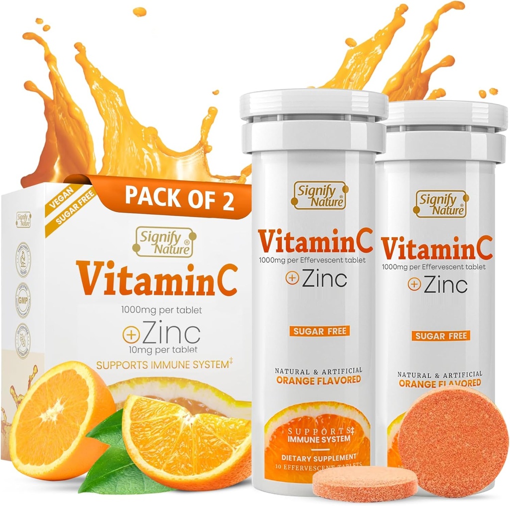 SIGNIFY NATUUR Vitamine C 1000mg Bruistabletten - Krachtige Immune Support VIT C met zinksupplement - Sugar-Free & Vegan Formula 