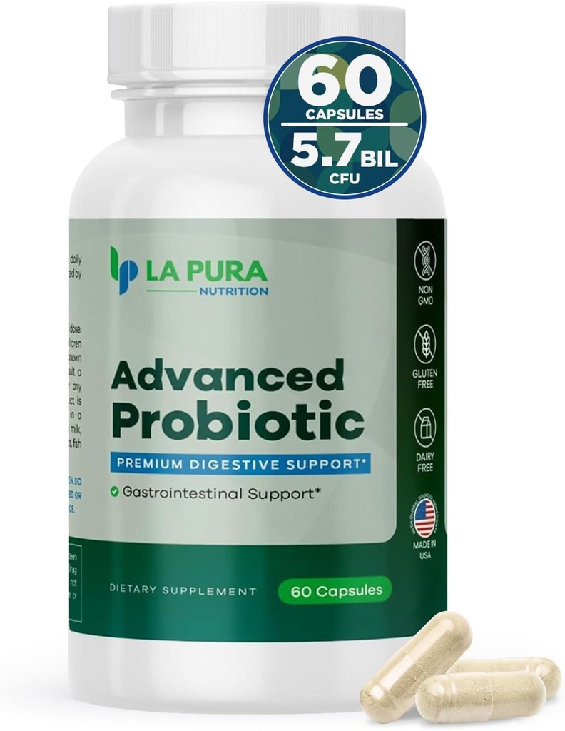 LaPura Advanced Probiotic - Premium Digestive Support for Gut & Имунно здраве, 60 капсули - 5.75 милиарда CFU Пробиотици Включително DE111 Strain (Bacillus subtilis) - Non-GMO, Gluten-Free, Made in USA
