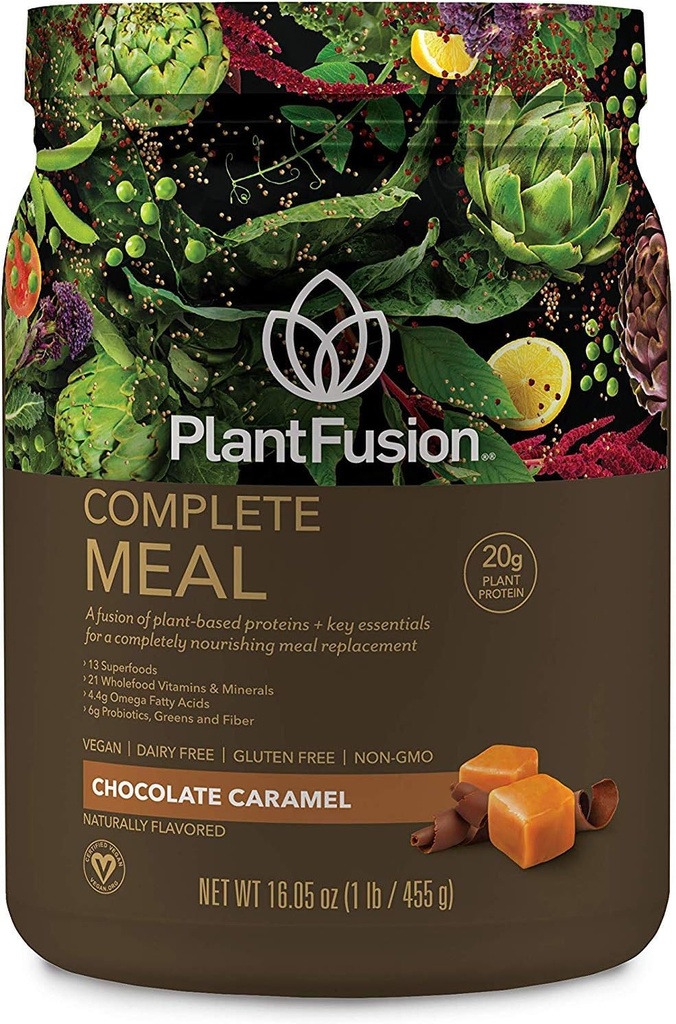 PlantFusion Complete Meal Replacement Shake - Plant Based Protein Powder with Superfoods, Greens & Progreens - Vegan, Gluten Free, Soy Free, Non-Dairy, No Sugar, Non-GMO - Chocolate Caramel 1 lb