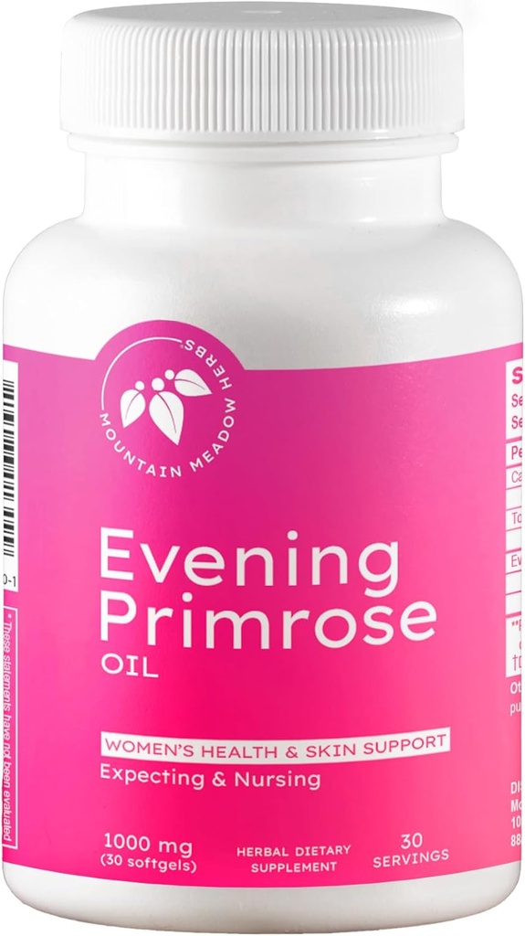 Herbs Mountain Meadow Večerní Primrose Oil 1,000mg - Omega-6 mastné kyseliny pro ženské zdraví, podporuje čistou pleť a hormonální rovnováhu, gluten- Free, Easy- to- Take Softgels (30 Počet)