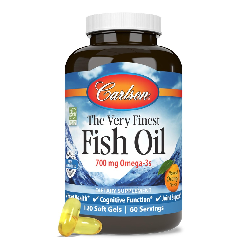 Carlson - The Very Finest Fish Oil, 700 mg Omega-3s, Norwegian Fish Oil Supplement, Wild Caught Omega 3 Fish Oil, Sustainably Sourced Fish Oil Capsules, Omega 3 Supplement, Orange, 120 Softgels