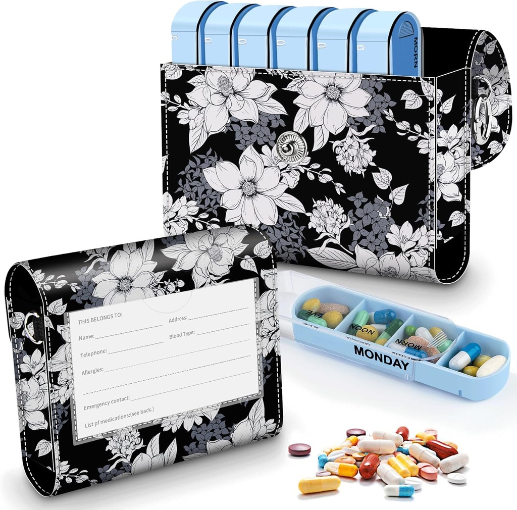 Pil Organizator Case, Cotygodniowe Travel Pill Case Medication Reminder Daily AM PM, Day Night 7 Komory, dla 4 razy dziennie, 7 Dni tygodniowy zawiera Elegancki wydrukowany skórzanej walizki