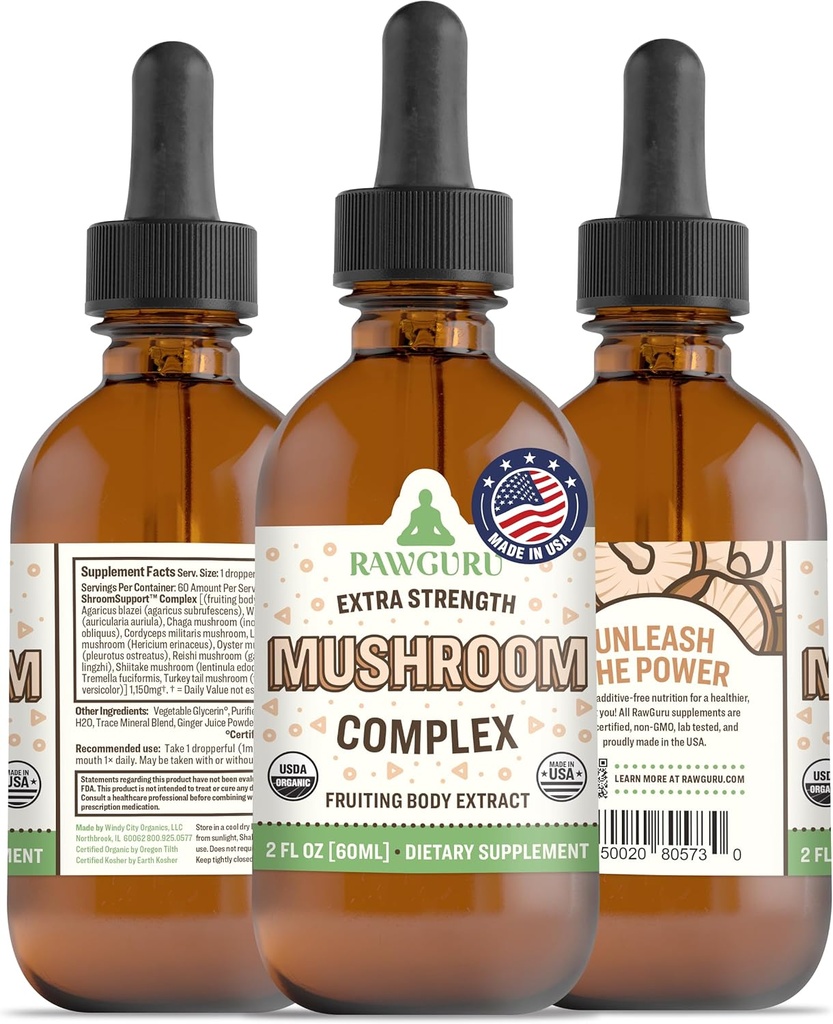RawGuru Organic Mushroom Complex Tincture - Organic Mushroom Extract with Trace Minerals - Nano-Processed Cognitive " Immune Support supplement - 60 Servings of Vegan drops per 60 ml, Pack of 1