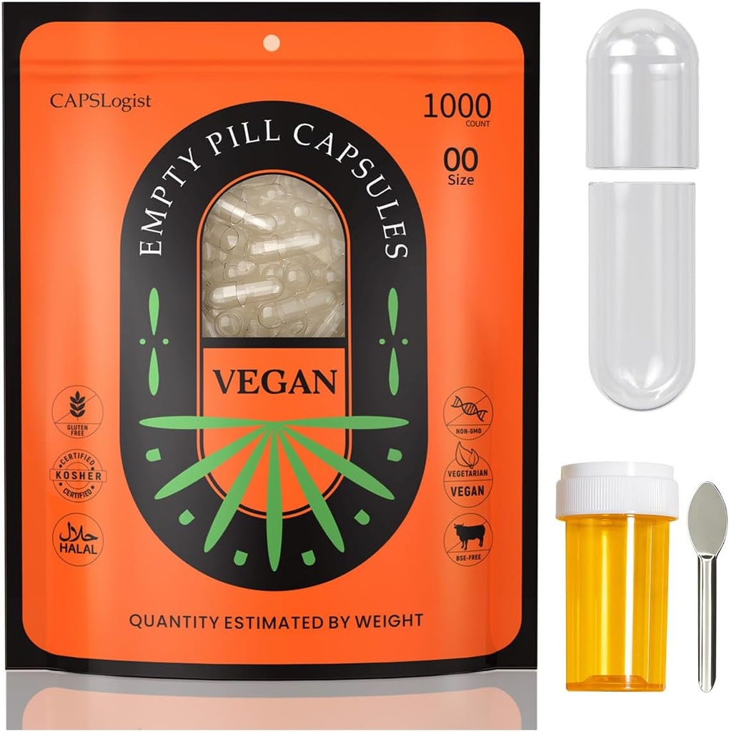 00 Capsules 1000 Count, Empty Pill Capsules, Vegan Capsules Empty, Gel Capsules Storlek 00 med Spoons och Medicine Bottle för Capsule Fyllning, Vegetable Capsules Empty, Clear