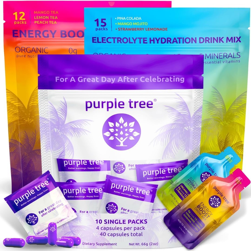 purple tree Premium 3x1 Combo: Post-Celebration Wellness Pills, Organic Hydration, Next Day Energy Stick Packets | 10 Party Bag Kits for Better Mornings & Happy Liver, Weddings, Travel, Bachelorette