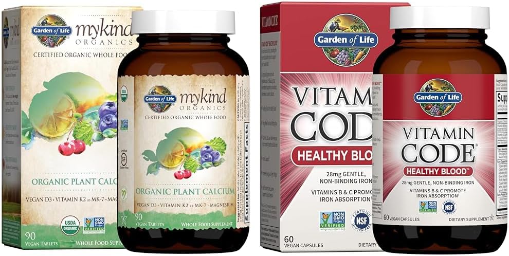 Gradina de viata Organics Plant Calciu cu magneziu, Vitamina D3 & K2 MK7 Plus Vitamina Cod sanatos sange cu 28mg fier pentru sprijinul anemiei
