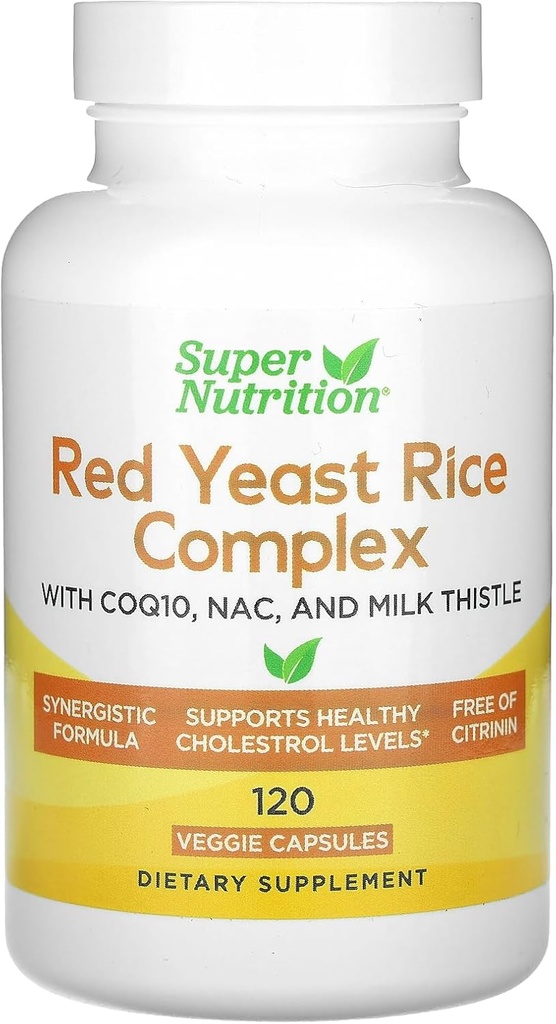 Super Nutrition Red Yeast Rice Complex with Organic Red Yeast Rice, N-Acetylsteine, Coenzyme Q10 ו- Milk Thistle Extracts 120 ווג'י קפסולות