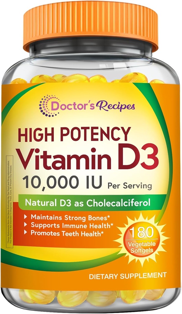 Doctor's Recipes Vitamin D3 10000 IU, Bones, Teeth, and Immune Support, Non-GMO, No Gelatin, Gluten or Soy, 90 Days Supply, 180 Vegetarian Softgels
