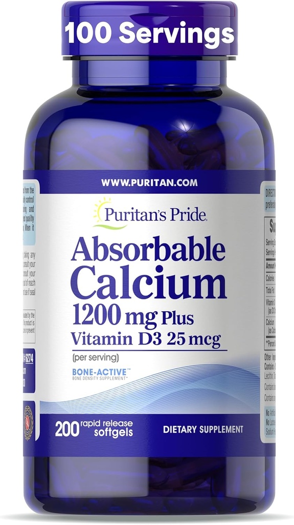 Puritan 's Pride Absorbovatelný vápník 1200 mg Plus Vitamin D3 25mcg 1000 IU s Bone- Active ™, 200 rychlým uvolňováním