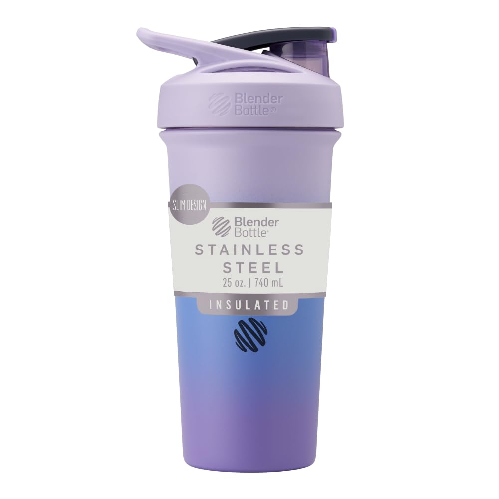 BlenderBottle Sport Sleek Insulated Stainless Steel Shaker Bottle with Wire Whisk, 25-Ounce, Lavender Ombre – Protein Shakes & Hydration for Athletes & Fitness Enthusiasts, Easy Mixing, Lockable Lid