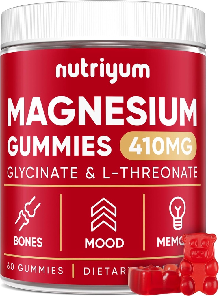 Glycinat de magnésium pour adultes et enfants - 410mg Élemental Magnésium L-Thréonate Chewables pour os et soutien de la mémoire, calme d'humeur - 2 mois d'approvisionnement Magnésium Gummies Supplément complexe - 60 pcs
