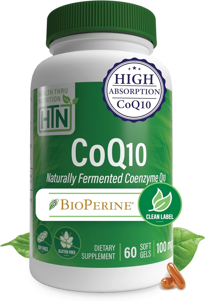Health Thru Nutrition CoQ-10 100mg com BioPerine 60 Softgels □ Alta Absorção Naturalmente Fermentado USP Grau Coenzyme Q10 Suplemento