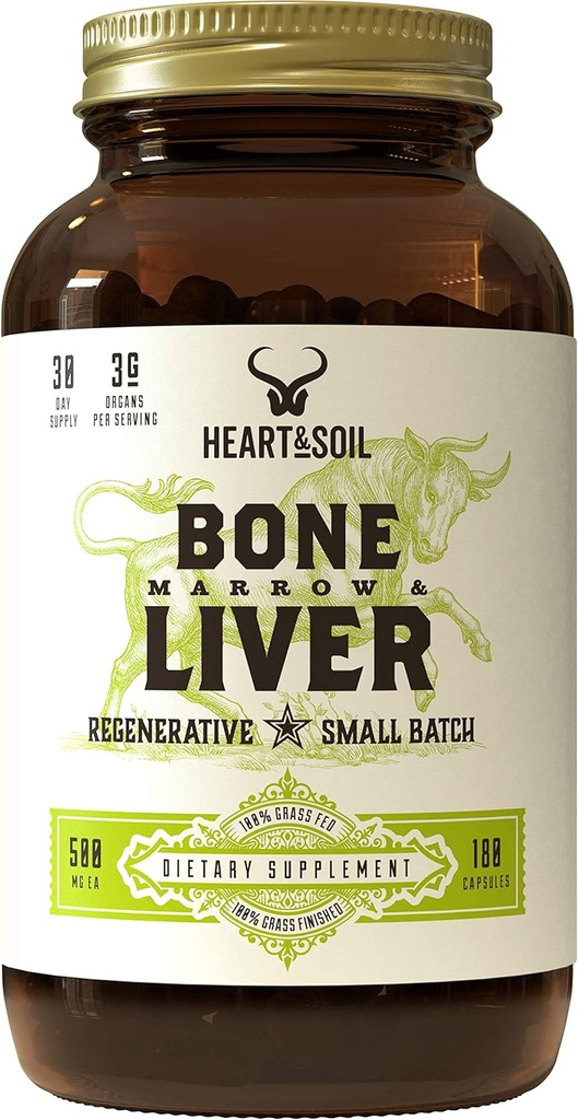 HEART & SOIL - Grass- Fed Bone Marrow and Beef Liver Supplement - 3000mg, Suszony Mieszanka Organów dla Nastroju, Kości, Joint, Tkanka, Zdrowie skóry - Non-GMO, Allergen- Free - 180 Kapsułki