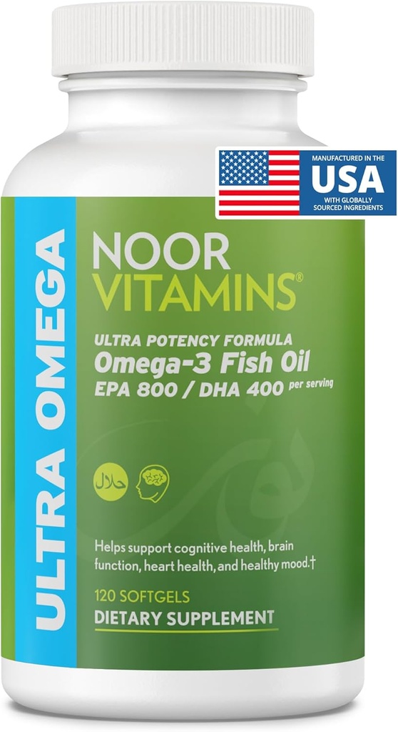 Noor Vitamine Halal Fish Oil, Halal Vitamine, Ultra Omega 3 Wilder peruanischen Fisch (800 mg EPA & 400 mg DHA) Herz, Gehirn & Gelenkunterstützung, Non-GMO und Glutenfrei (120 Zähler)