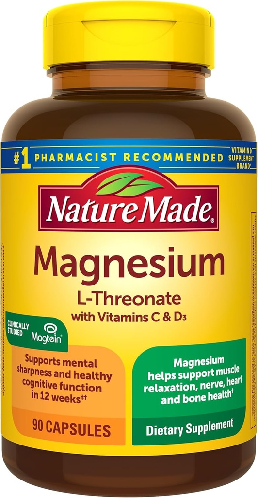 Nature Made Magnesium L-Threonate with Vitamin C & Vitamin D3, Biedt 130 mg Mag van 1800 mg Magnesium L Threonate, Cognitive Support Magnesium Supplement, 90 Capsules, 30 Day Supply