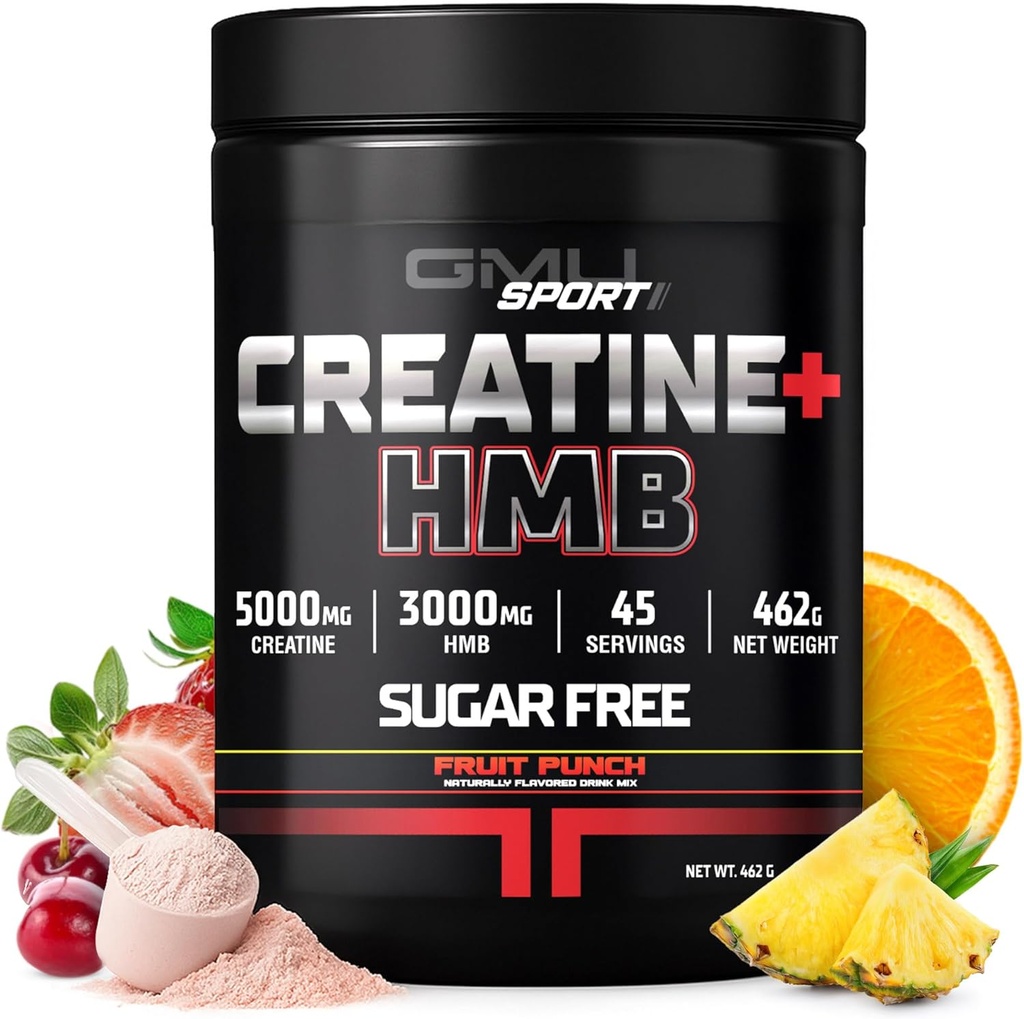 GMU SPORT - Creatine Monohydrate עם אבקת HMB - 45 משרתים, Creatine HMB תוספי, Creatine עם HMB עבור כוח מוגבר, צמיחה שרירים & אנרגיה מוגברת, 3G HMB / Fruit Punch.