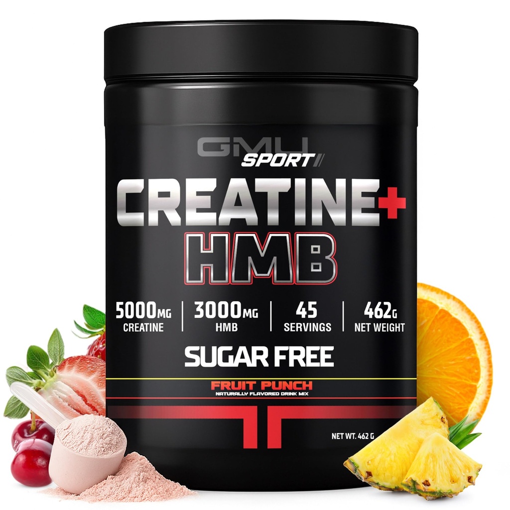 GMU SPORT Creatine HMB Powder – 45 Servings – 5g Creatine Monohydrate + 3g HMB + Piperine – Muscle Growth, Strength & Recovery – Fruit Punch