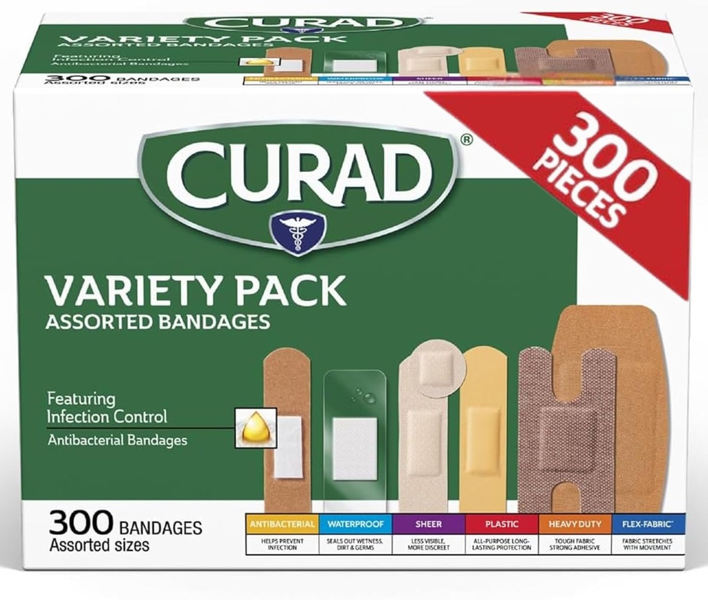 CURAD Assorted Bandages Variety Pack, 300 Count, 6 stiilid, sealhulgas antibakteriaalsed, veekindlad, õhukesed, plastilised, rasked ja painduvad kangad, kaitsevad pragusid, lõiked ja põletused, lateksivabad