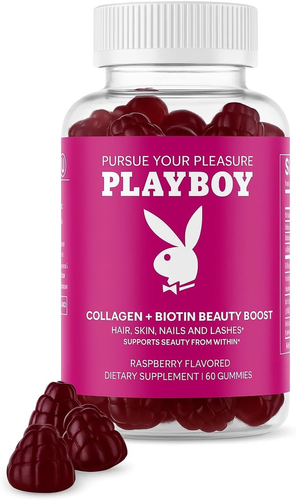 Playboy - Colágeno + Biotin Beauty Boost Gummies para cabelos, pele, unhas e pestanas (60 chicletes) - Framboesa saborosa Biotina & Colágeno Suplemento para Mulheres e Homens - Não-GMO, Gluten Free, Nut Free Gummy