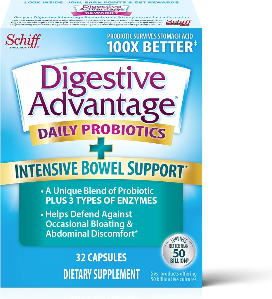 Digestive Advantage IBS Probióticos para Saúde Digestiva & Intensive Bowel Support, Probióticos para Mulheres e Homens com Enzimas Digestivas, Suporte para Bloating & Gut Saúde Ocasional, 32ct Cápsulas