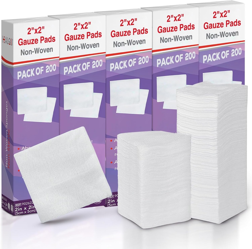 HEALQU 1000 Gauze Pades 2x2"——软非Woven 4-Ply用于牙提取和牙科程序——非固态广场海绵用于急救,外科,外科,和伤口穿戴(5包200)